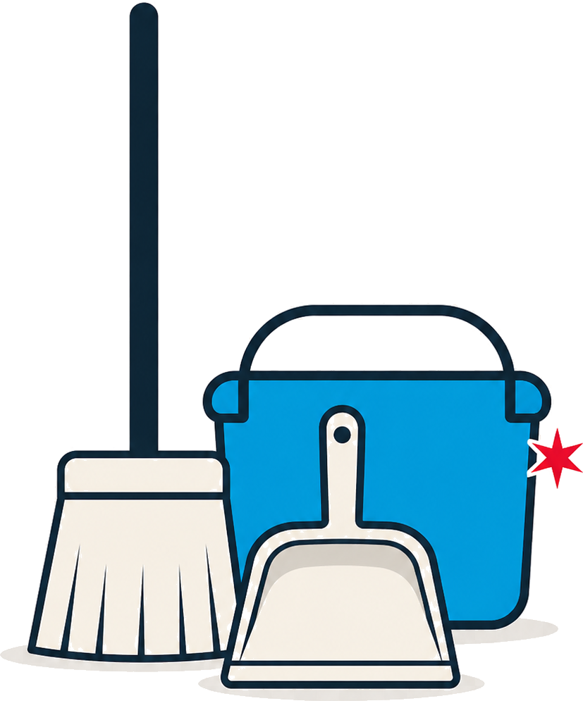 Broom, dustpan, and cleaning bucket illustration